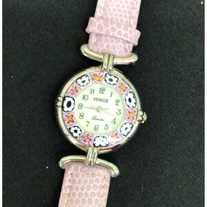 Venice Womens Analog Watch Pink Floral Silver Tone Leather Strap Quartz Movement